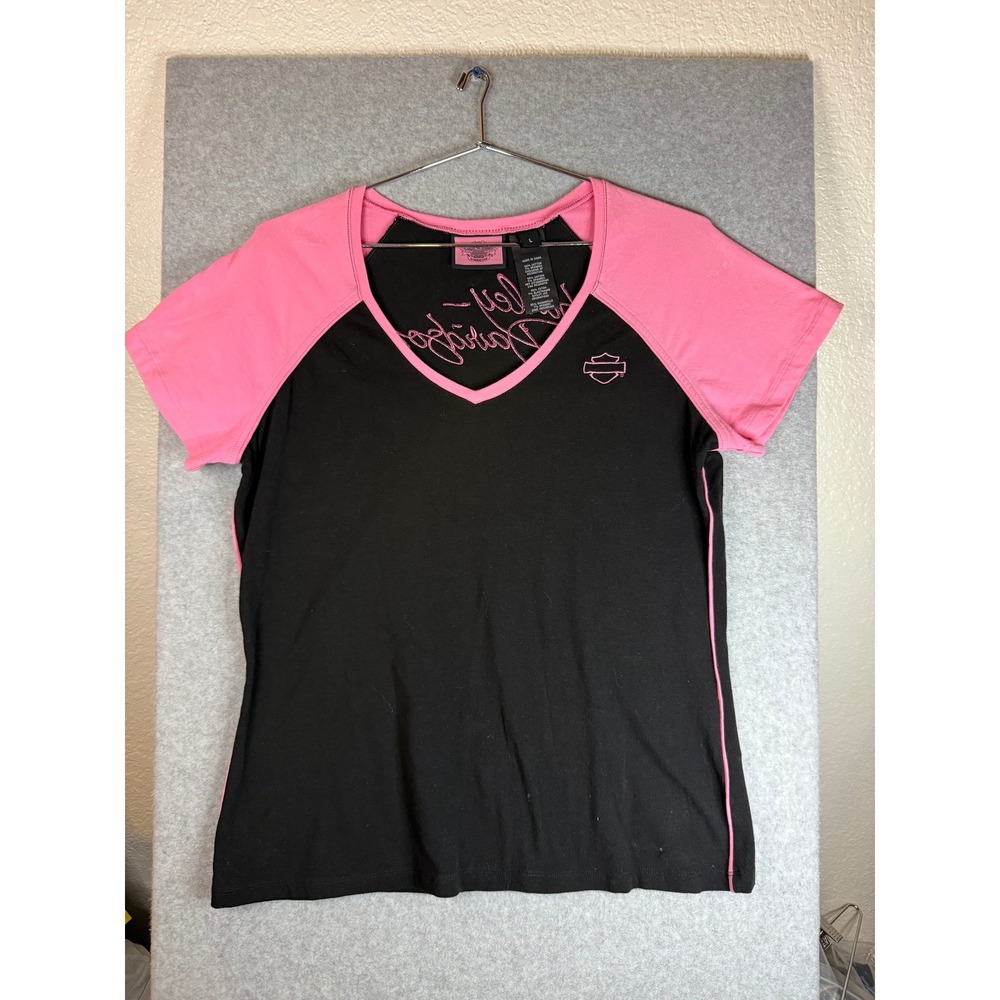 Harley-Davidson Womens Black Pink Raglan V-Neck Embroidered Logo Shirt Large